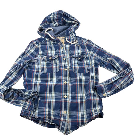 Hollister Other - Hollister Men Blue Plaid Hooded Shirt Surfer Cut Long Sleeve Medium